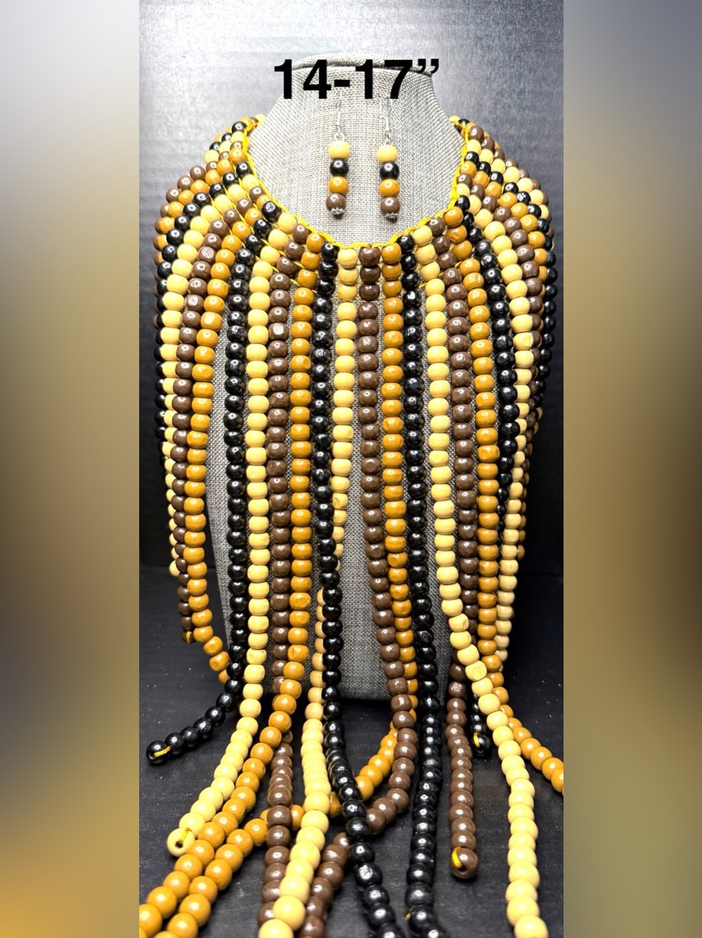185. Handcrafted Yellow, Brown & Black Beaded Multi-Strand Necklace